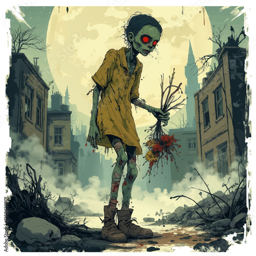 an illustration of a zombie standing in the middle of a city with a full moon in the background