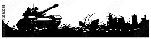 battle tank moving through ruined cityscape black vector illustration