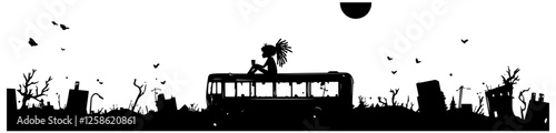 post-apocalyptic girl sitting on bus in ruined landscape black vector illustration