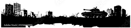 battle tank in destroyed city silhouette black vector illustration