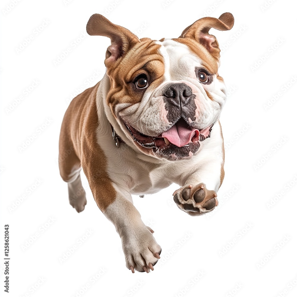 Fototapeta premium Happy Bulldog Puppy Running Joyful Dog Breed Pet Animal White Background Energetic Playful Canine Friendly Adorable Sweet Domestic Animal fun cute 