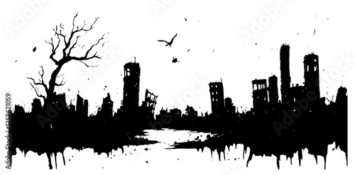 ruined dystopian city skyline black vector illustration