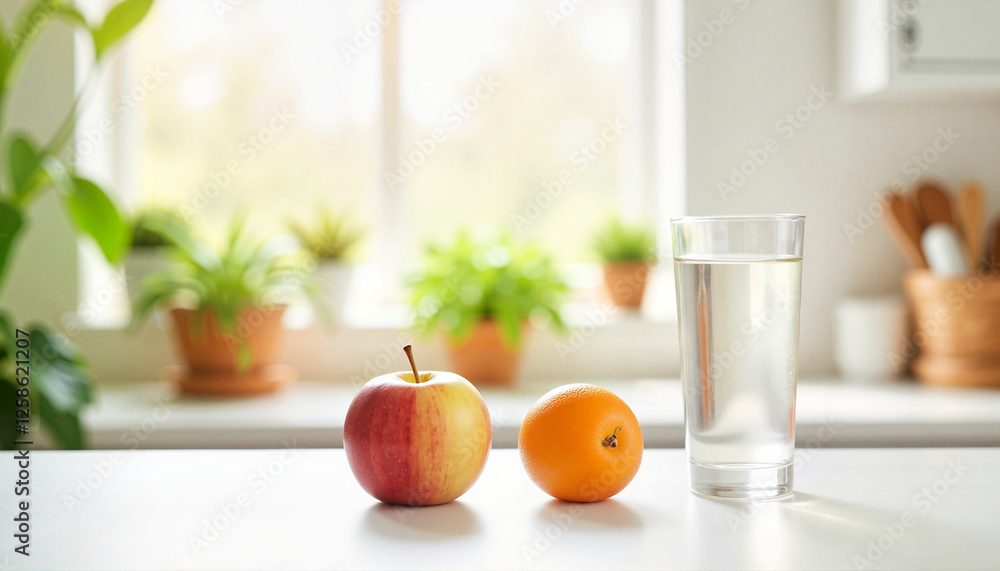 Fresh fruits and water on kitchen counter, promoting healthy lifestyle, Seasonal health checkup Fresh fruits and water on kitchen counter, promoting healthy lifestyle, Seasonal health checkup