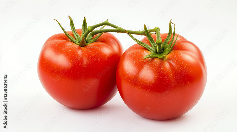 Close-Up of Two Glossy Red Tomatoes with Vibrant Green Stems Ideal for Healthy Food and Organic Farming Concepts Close-Up of Two Glossy Red Tomatoes with Vibrant Green Stems Ideal for Healthy Food and Organic Farming Concepts