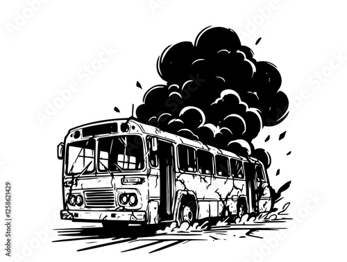 burning abandoned bus in apocalypse black vector illustration