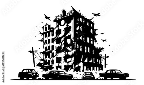 war-torn city building with destroyed facade black vector illustration