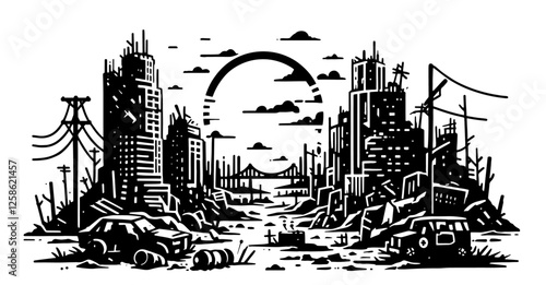 post-apocalyptic ruined city with abandoned buildings black vector illustration