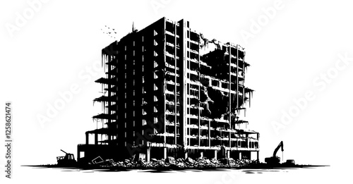 partially destroyed building under demolition black vector illustration