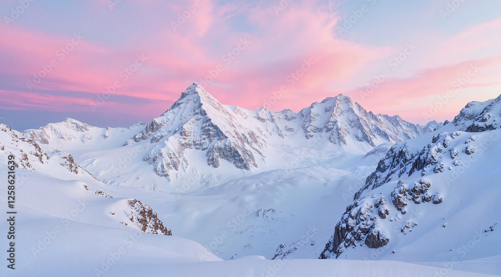 Fototapeta premium Serene snow-covered peaks at winter sunset, tranquil beauty