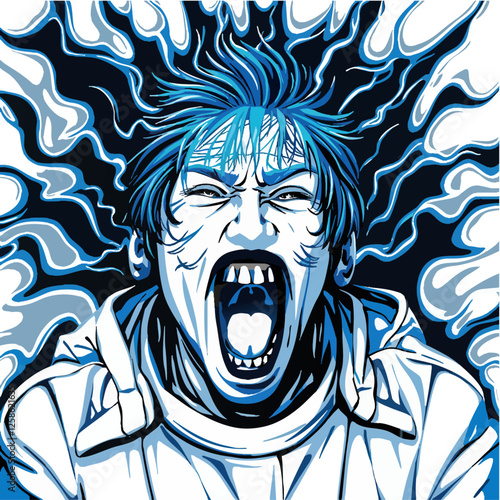 an illustration of a man with a blue hair and a white shirt with a blue flame coming out of his face