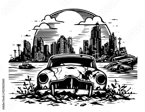 abandoned car in ruined city black vector engraving illustration