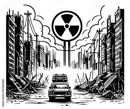 post-apocalyptic city with radiation sign black vector illustration