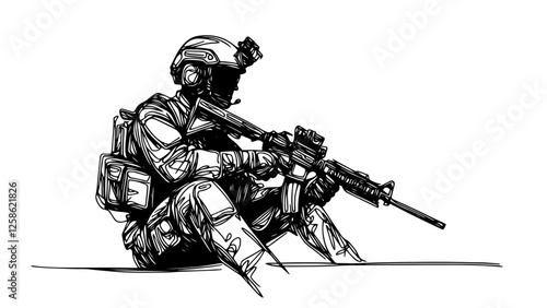 tactical soldier sitting with rifle black vector sketch illustration