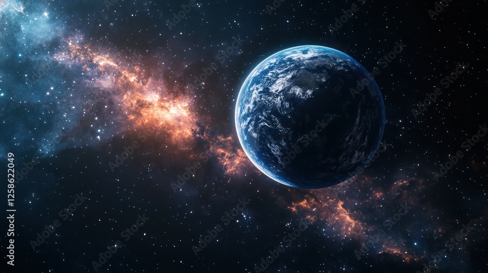 Naklejka premium A stunning view of Earth from space, surrounded by stars and colorful nebulae, showcasing the beauty and vastness of the universe.