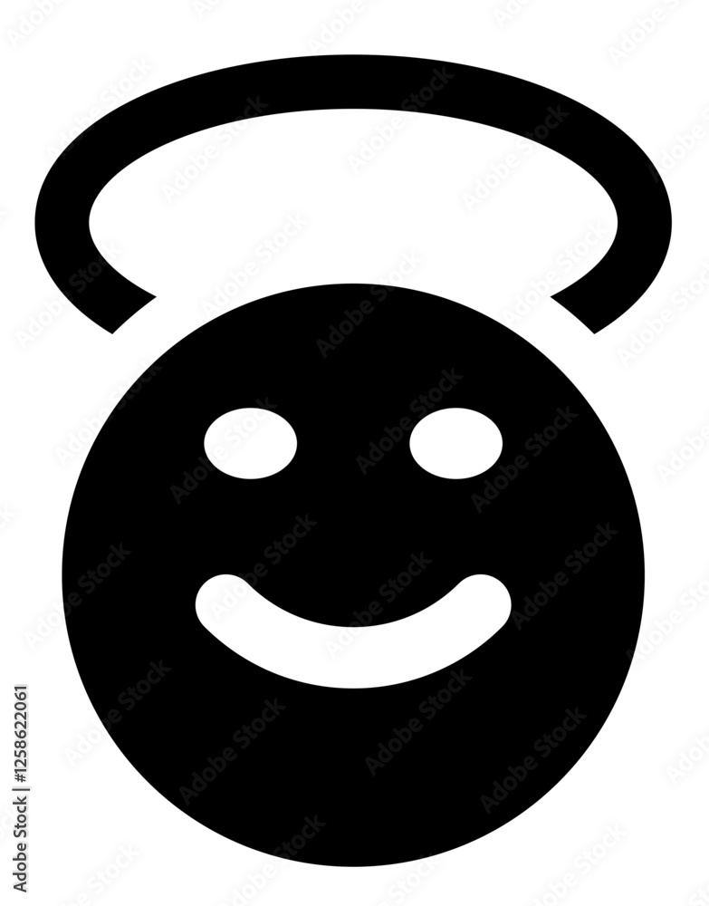 A black icon of a smiling face with a halo, symbolizing an angel, innocence, and goodness. A black icon of a smiling face with a halo, symbolizing an angel, innocence, and goodness.