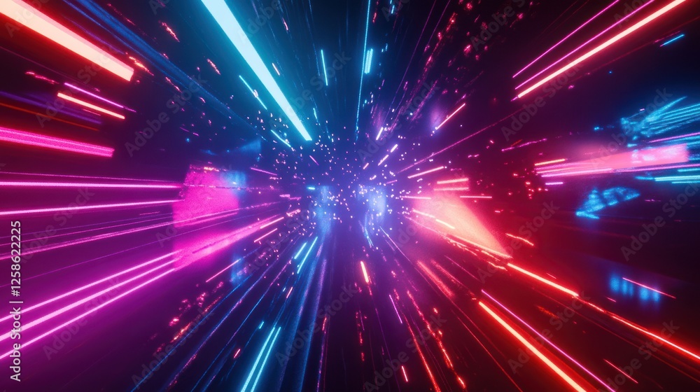 Naklejka premium A stunning visual of colorful light beams creating a dynamic tunnel effect, representing speed, energy, and technological advancement.