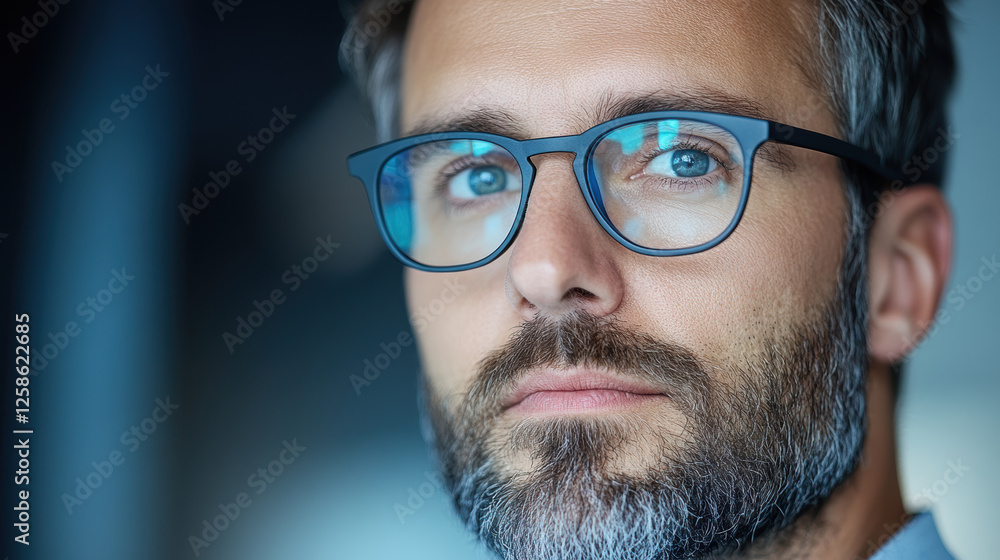 Confident Man with Glasses and Beard in a Reflective Pose in Natural Light Setting Confident Man with Glasses and Beard in a Reflective Pose in Natural Light Setting