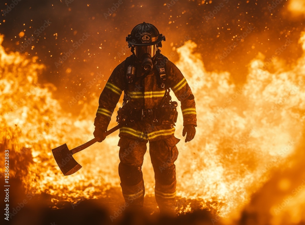 Fototapeta premium Firefighter battling blaze, night scene, intense flames