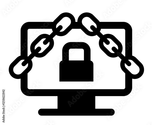 A black and white icon of a computer monitor with a padlock and chains, symbolizing cybersecurity, data protection, or restricted access.