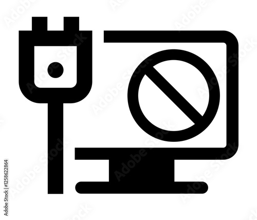 A black and white icon of a computer monitor with a prohibition symbol and a power plug, representing restricted access, power disconnection, or no internet connection.