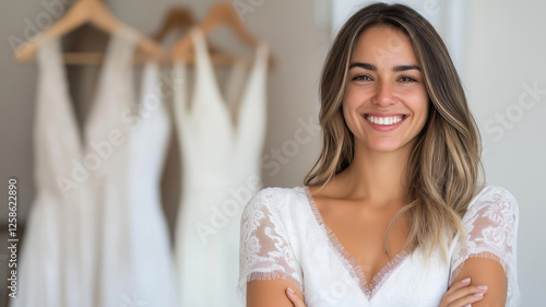 Free Download Successful fashion entrepreneur smiling confidently with arms crossed, managing her bridal business amidst elegant wedding dresses displayed in the background of her boutique - GFXLoad