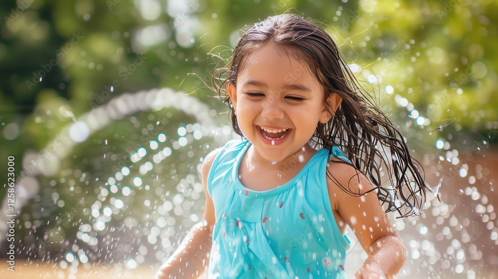 Obraz premium Happy Girl Playing in Water Sprinkler, Joyful Child Enjoying a Refreshing Summer Day Outdoors