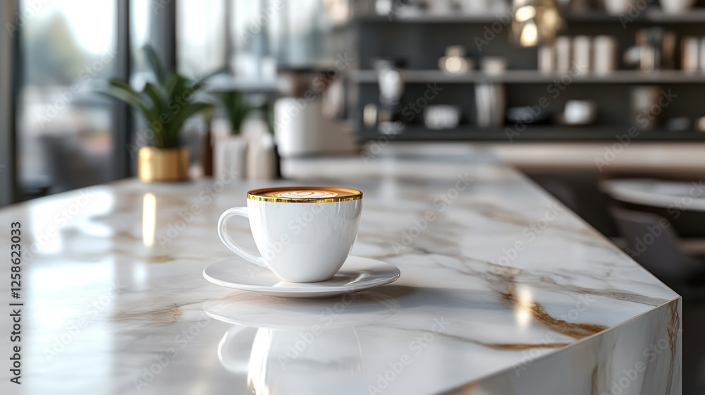 A stylish white coffee cup with gold trim placed on a marble countertop, surrounded by an elegant cafe setting, perfect for showcasing modern drink culture. A stylish white coffee cup with gold trim placed on a marble countertop, surrounded by an elegant cafe setting, perfect for showcasing modern drink culture.