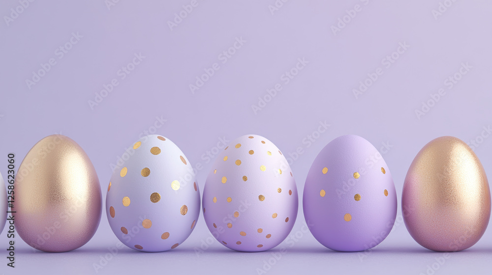 Elegant Row of Pastel and Gold Easter Eggs on a Soft Lavender Background Elegant Row of Pastel and Gold Easter Eggs on a Soft Lavender Background