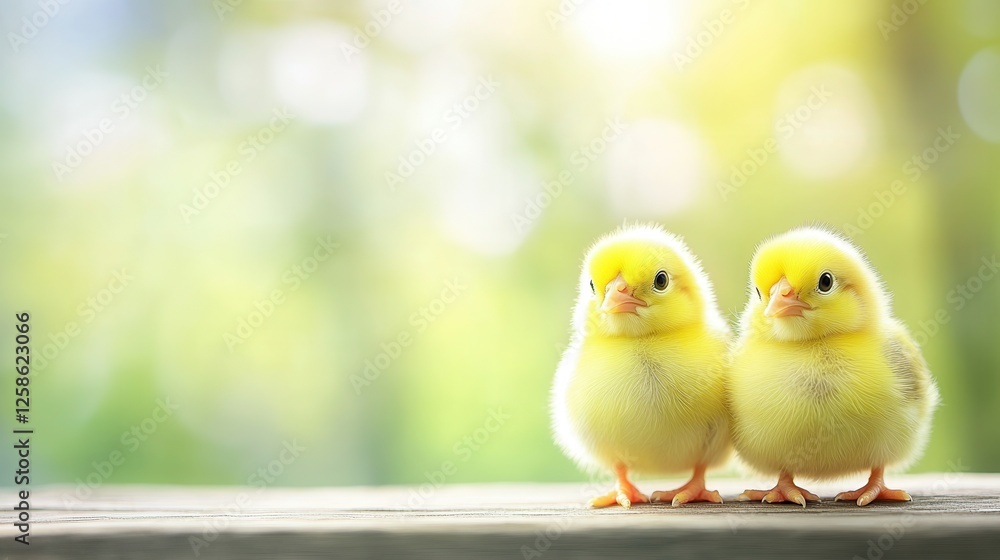 Two adorable yellow chicks are perched on a rustic wooden surface, showcasing their fluffy feathers and playful demeanor. Two adorable yellow chicks are perched on a rustic wooden surface, showcasing their fluffy feathers and playful demeanor.