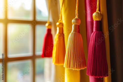 Wallpaper Mural Close-up shot of bright yellow, red, and orange tassels hanging from a curtain rod, natural light streaming through a window in a cozy home setting Torontodigital.ca