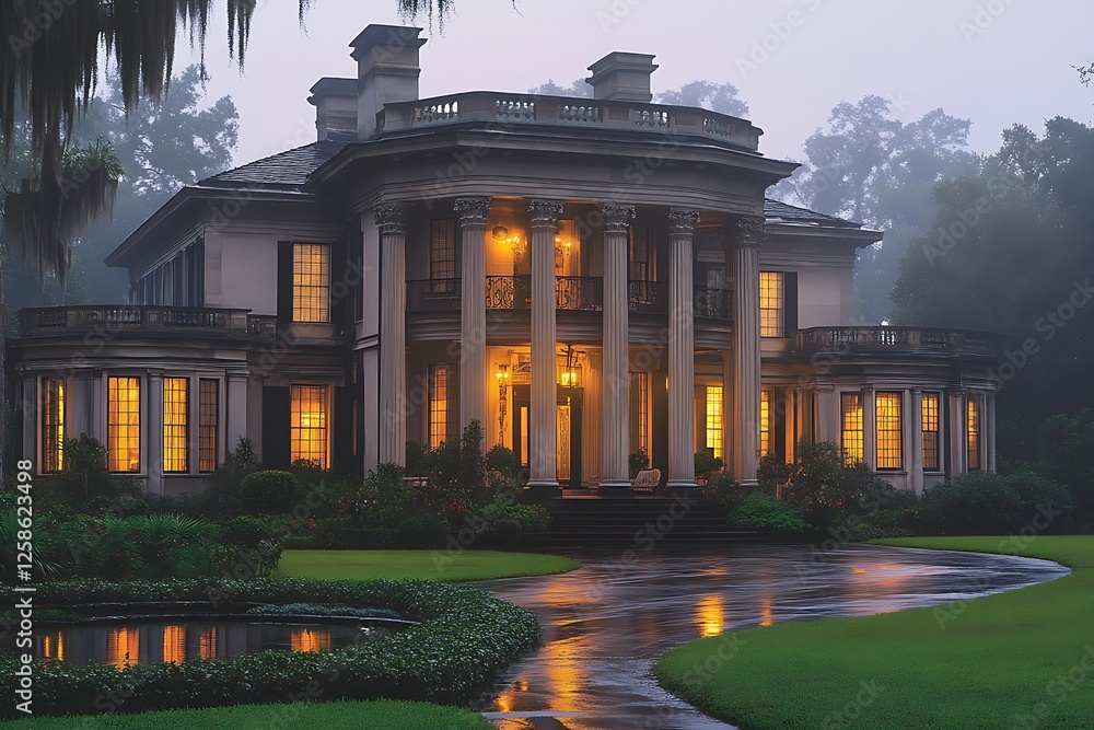 Obraz premium Elegant mansion illuminated at dusk, surrounded by lush greenery and reflective wet pathway