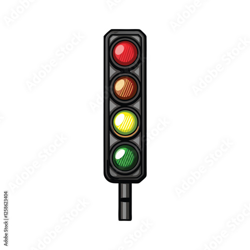 Create a clean vector illustration of a classic traffic stoplight displaying red, yellow, and green lights.  Include distinct light sections and a simple, modern design.