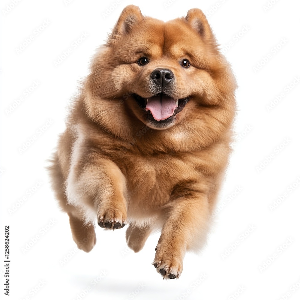 Obraz premium Happy Fluffy Chow Chow Dog Jumping Playful Energetic Brown Fur Adorable Pet Animal Canine White Background Studio Shot Purebred Breed Cute Puppy Loyal