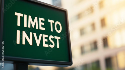 Close-up of a lightbox displaying time to invest against a blurred urban background, conveying the opportune moment for financial decisions and growth