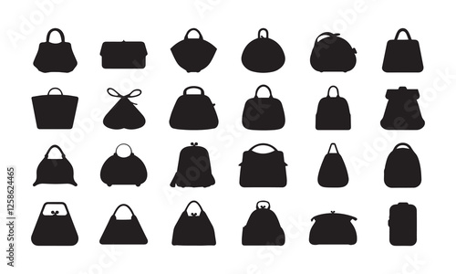 Ladies handbag silhouette collection in black on a white background. Set of black silhouettes of handbags. Lady bags icons . 