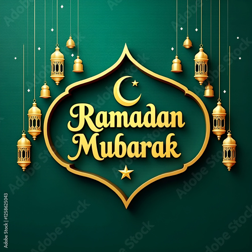 Wallpaper Mural Ramadan Mubarak greeting card with lanterns and crescent on green background Torontodigital.ca