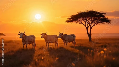 Wallpaper Mural Serene Sunset Over Open Grassland with Silhouetted Cattle and Acacia Tree Creating a Breathtaking Natural Scene Perfect for Nature Lovers, with Golden Light Painting the Horizon, Creating a Peaceful Torontodigital.ca
