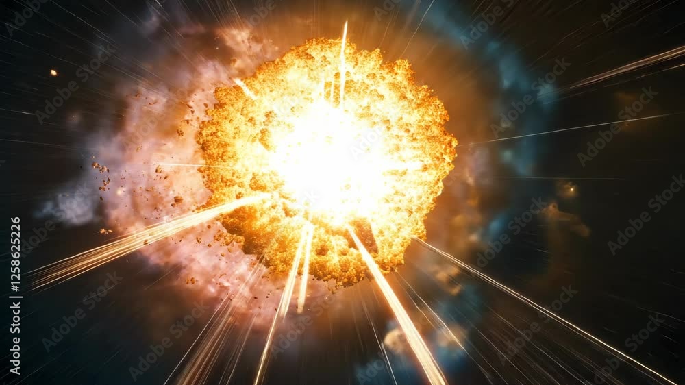 Massive explosion radiating light and energy in a dark atmosphere with debris flying outward