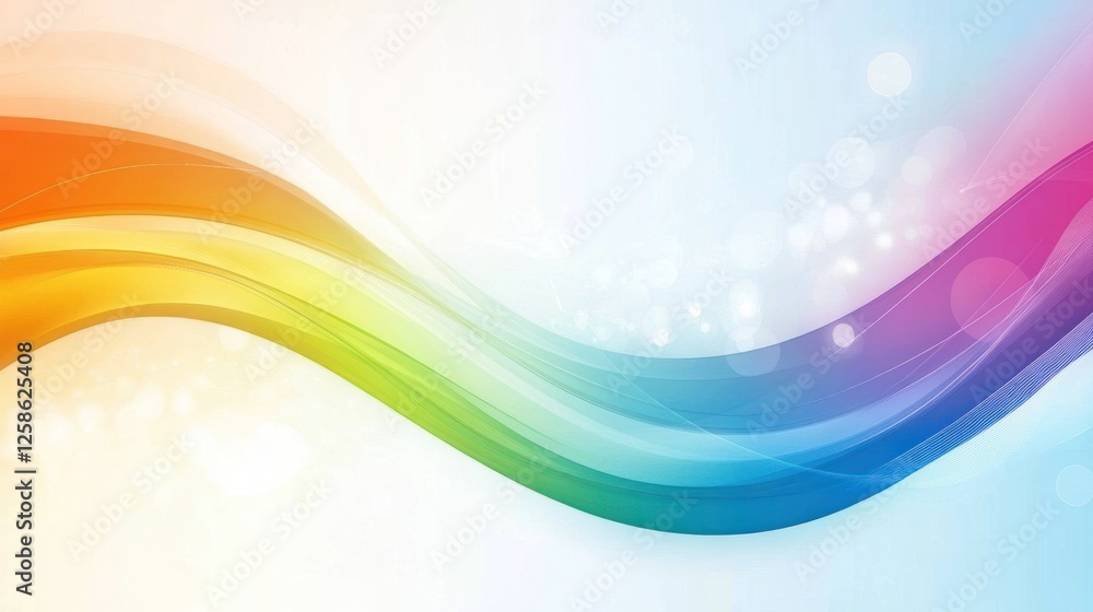 Obraz premium A vibrant, colorful wave design featuring a gradient of rainbow hues against a soft, blurred background. Ideal for creative projects and media.