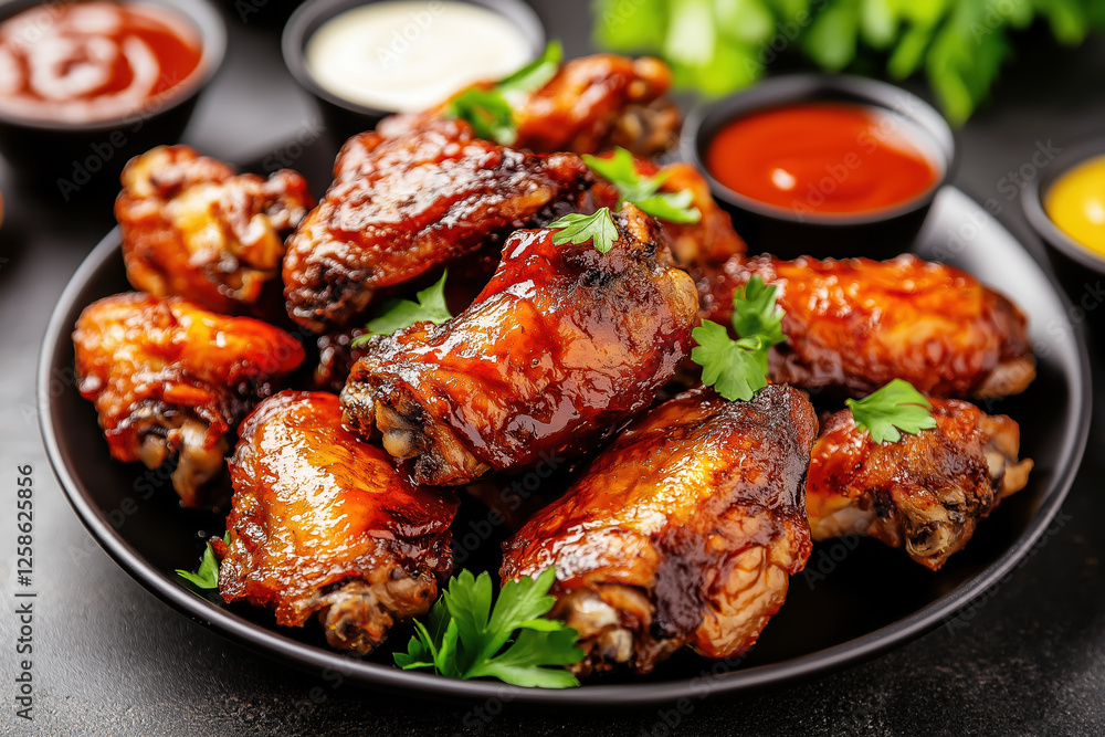 Delicious glazed chicken wings with dipping sauces on a black plate Delicious glazed chicken wings with dipping sauces on a black plate