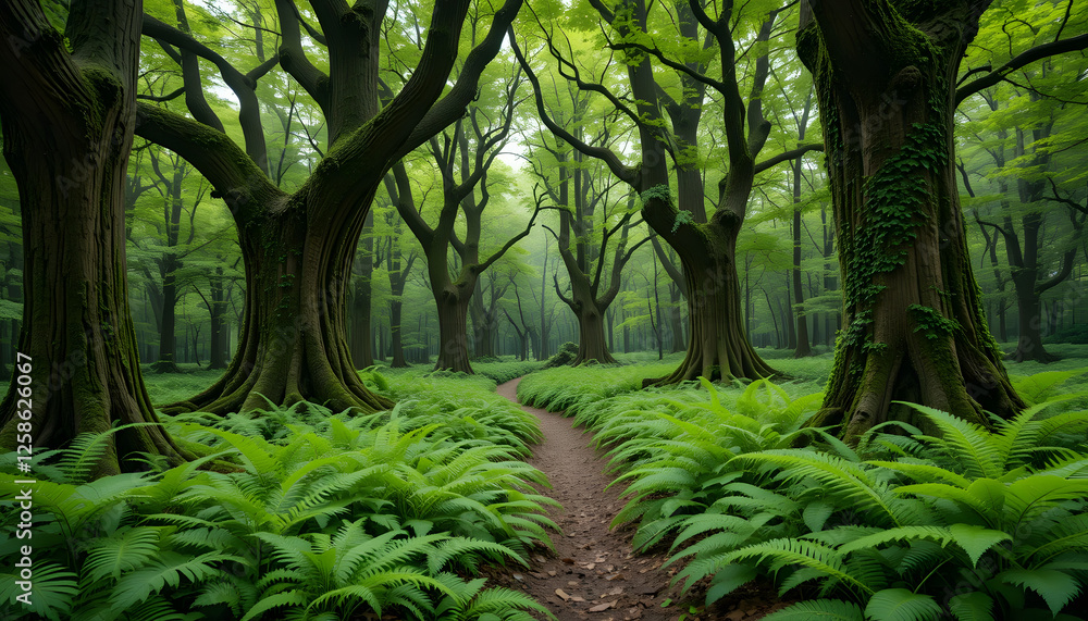 Naklejka premium Lush Green Forest Path With Ancient Trees And Ferns