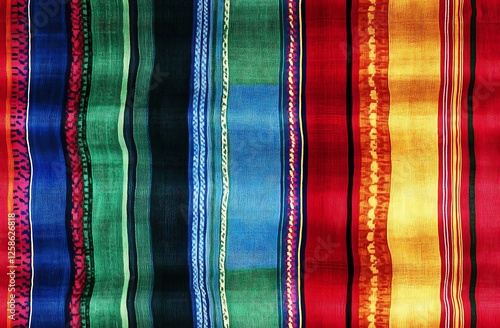 A vibrant Mexican serape fabric with bold stripes of red, green, and blue on a deep royal seamless background