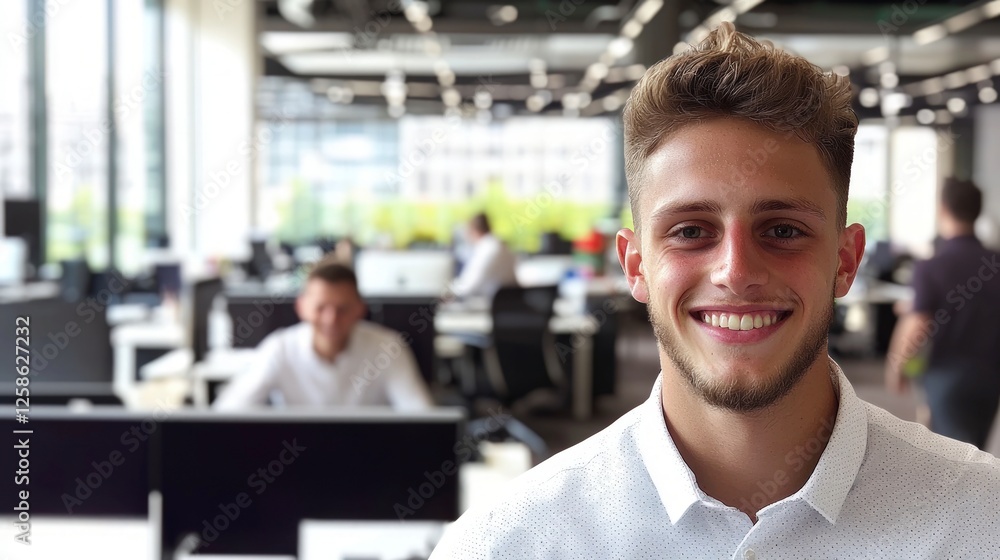 Smiling Young Man in Modern Office Setting Smiling Young Man in Modern Office Setting