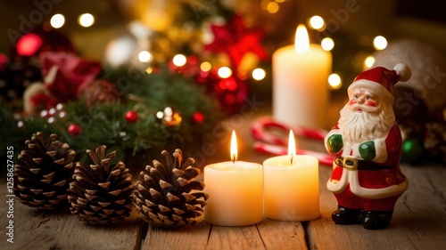 A festive arrangement featuring a cheerful Santa Claus figurine, lit candles, pinecones, and Christmas decorations creating a warm holiday ambiance.