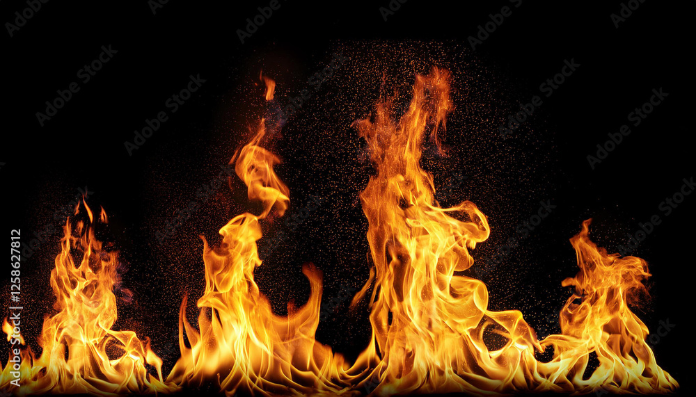 Fototapeta premium real fire yellow flames isolated on black history mockup on black of five flames