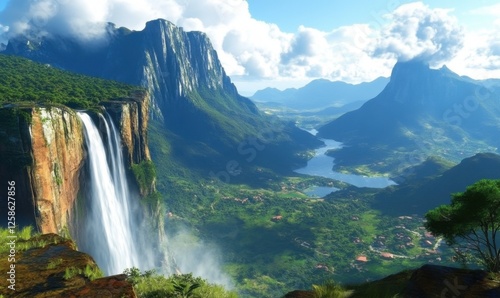 Majestic waterfall cascading into lush valley, village below, scenic mountains