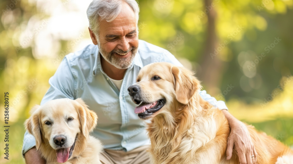 Smiling Man Enjoying a Relaxing Moment with His Golden Retrievers in a Park Smiling Man Enjoying a Relaxing Moment with His Golden Retrievers in a Park