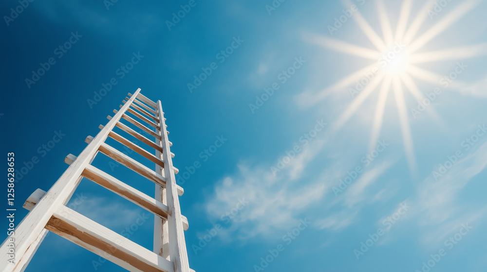 White ladder is reaching a bright sun in a blue sky with few clouds, representing achieving goals, challenge, success, growth and development White ladder is reaching a bright sun in a blue sky with few clouds, representing achieving goals, challenge, success, growth and development