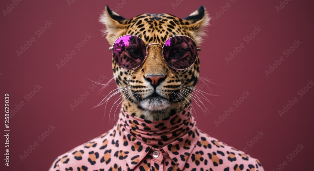 Fototapeta premium Stylish Leopard in Sunglasses and Shirt