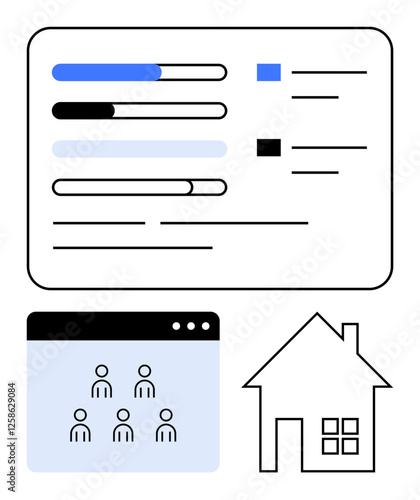 Task progress bars with sleek interface, team collaboration window, house outline. Ideal for productivity, collaboration, work-life balance, remote work, organization, project tracking abstract line